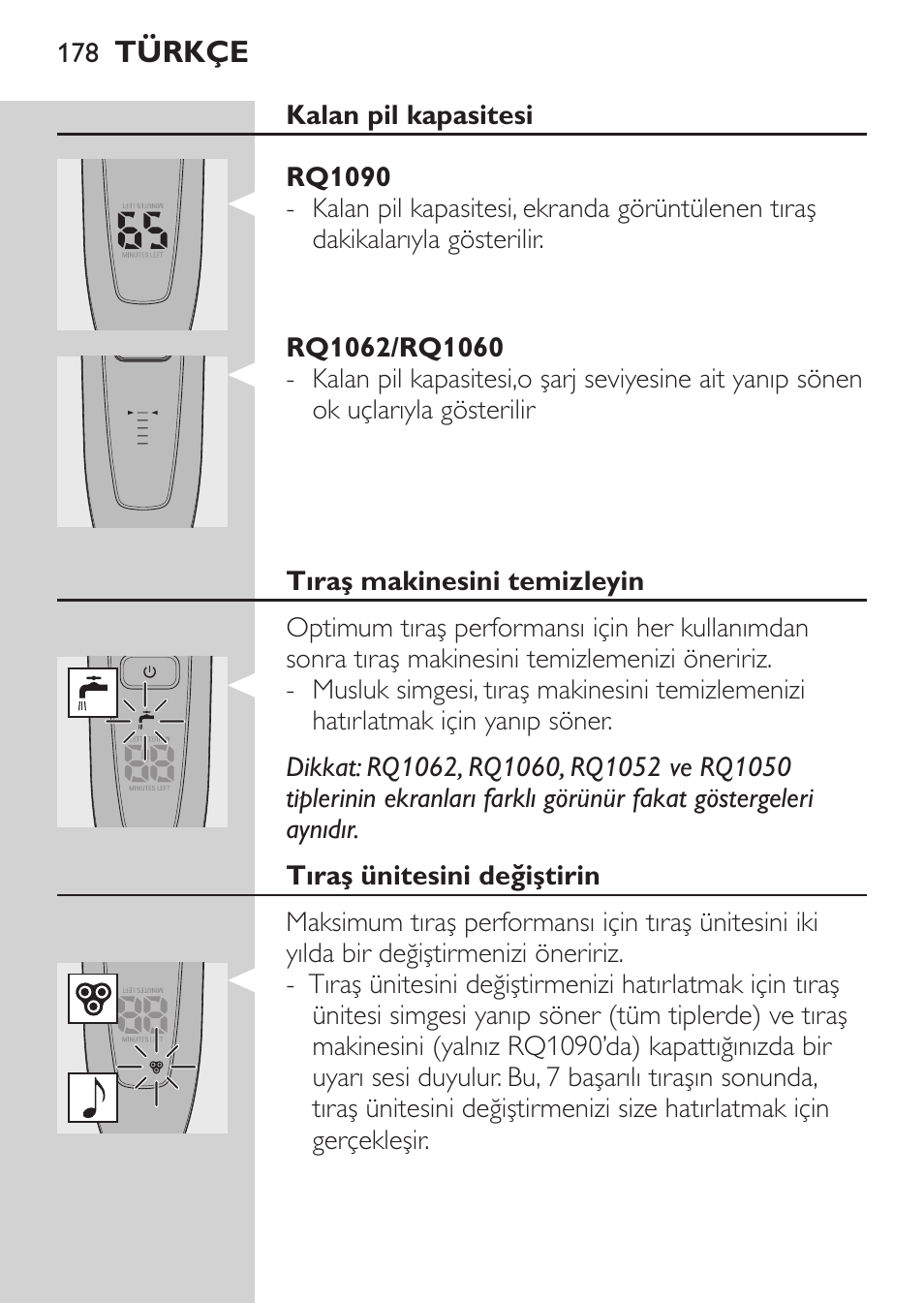 Rq1052/rq1050, Pil zayıf, Rq1090 | Rq1062/rq1060 | Philips Elektrorasierer User Manual | Page 176 / 192