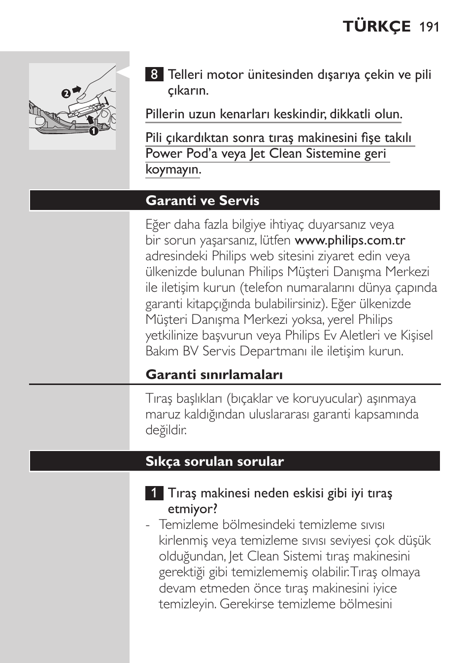 Tıraş makinesi pilinin atılması | Philips Elektrorasierer User Manual | Page 189 / 192