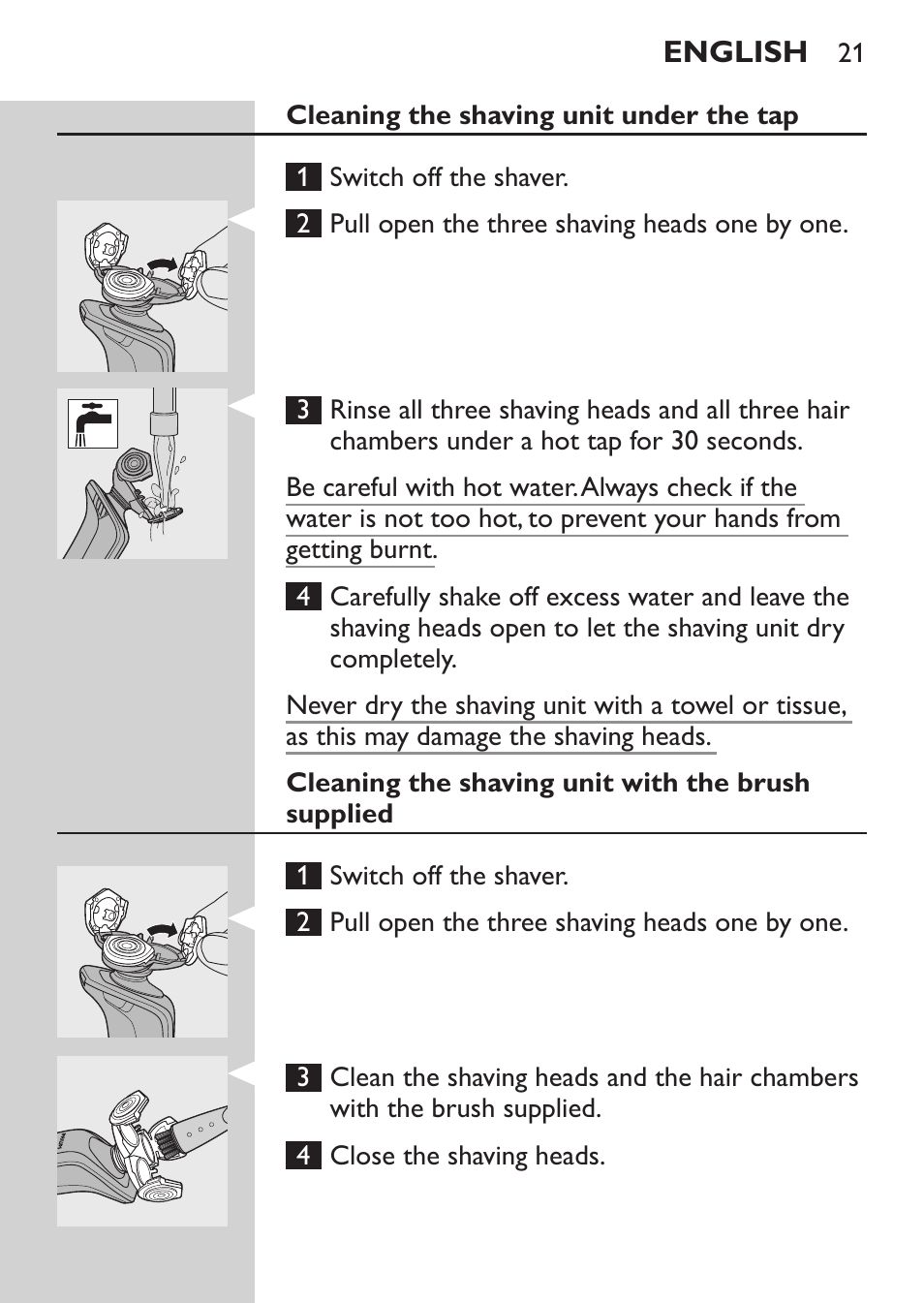 Cleaning the shaving unit with the brush supplied | Philips Elektrorasierer User Manual | Page 19 / 192