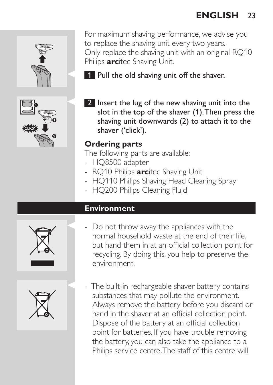 Ordering parts, Environment | Philips Elektrorasierer User Manual | Page 21 / 192