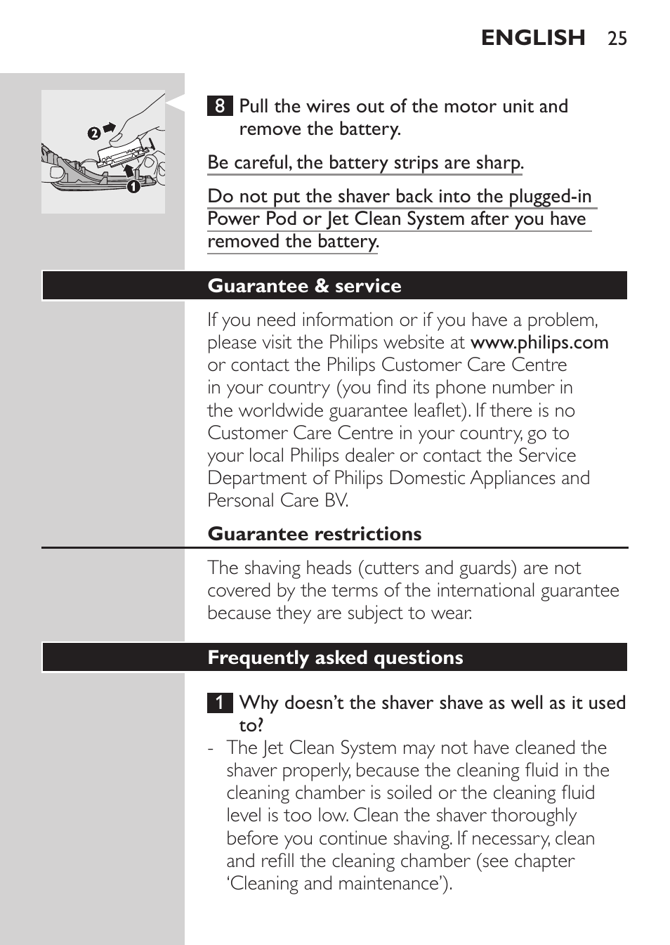 Guarantee & service, Guarantee restrictions, Frequently asked questions | Philips Elektrorasierer User Manual | Page 23 / 192