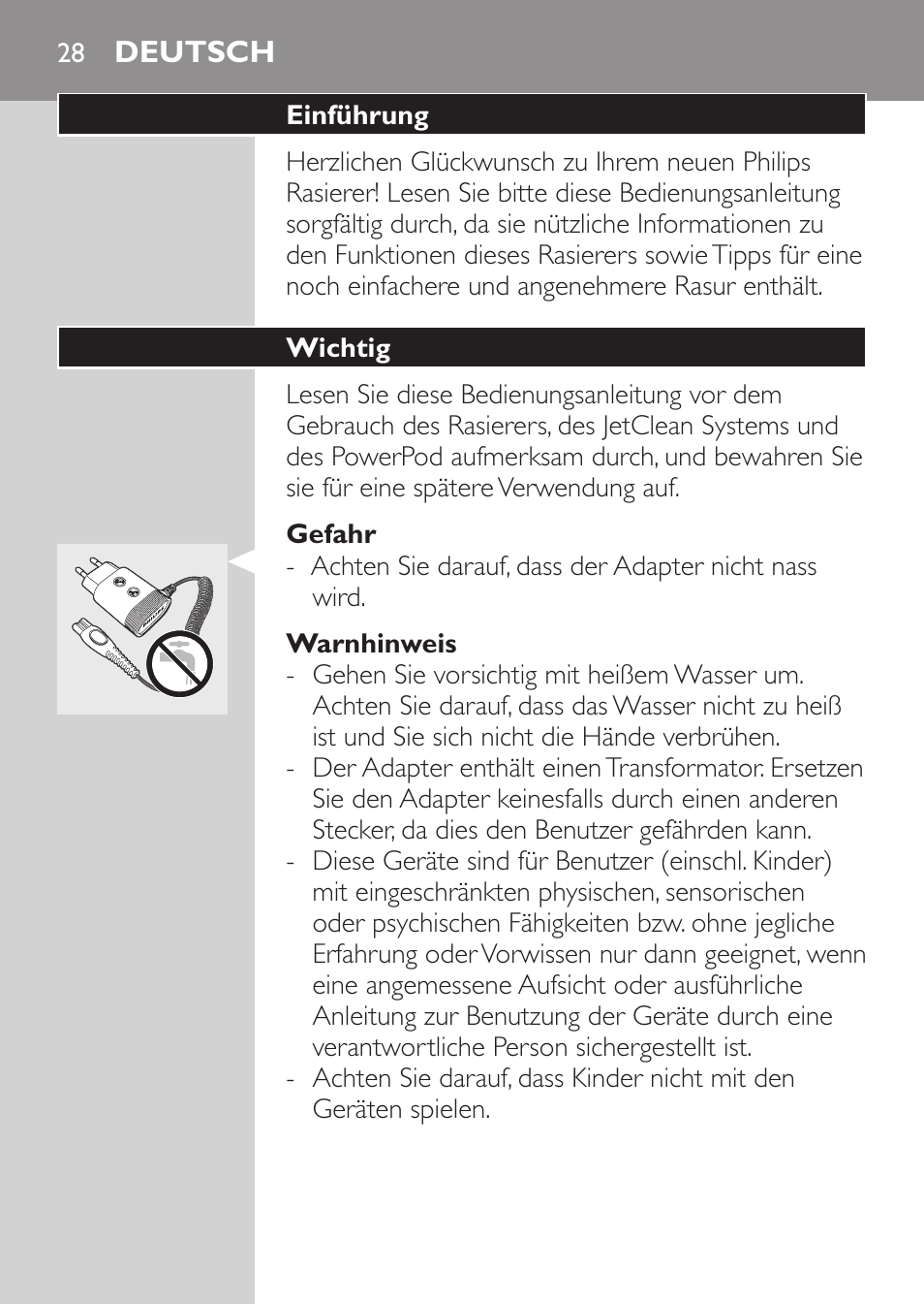 Gefahr, Warnhinweis, Deutsch | Einführung, Wichtig | Philips Elektrorasierer User Manual | Page 26 / 192