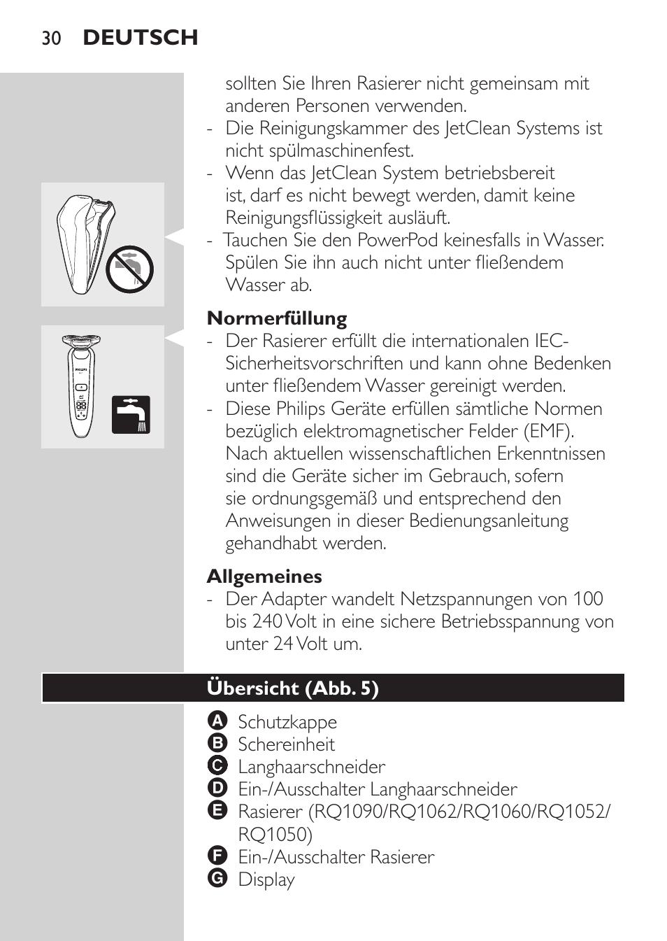 Normerfüllung, Allgemeines, Übersicht (abb. 5) | Philips Elektrorasierer User Manual | Page 28 / 192