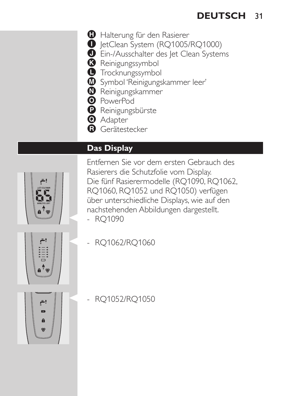 Das display | Philips Elektrorasierer User Manual | Page 29 / 192