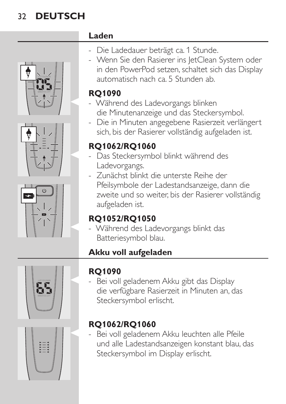 Laden, Rq1090, Rq1062/rq1060 | Rq1052/rq1050, Akku voll aufgeladen | Philips Elektrorasierer User Manual | Page 30 / 192