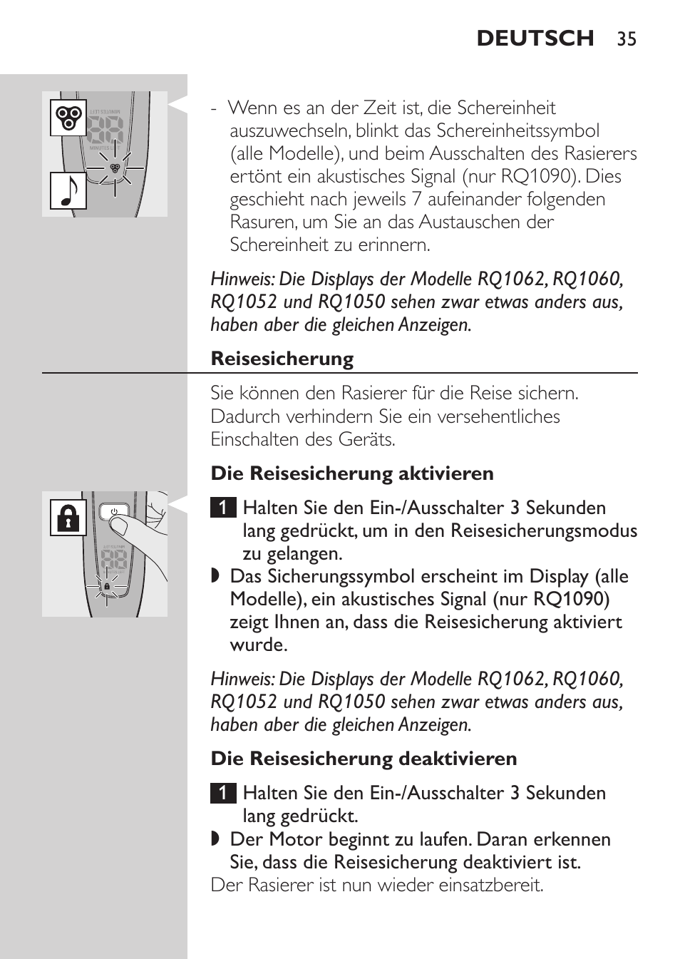 Reisesicherung, Die reisesicherung aktivieren, Die reisesicherung deaktivieren | Philips Elektrorasierer User Manual | Page 33 / 192
