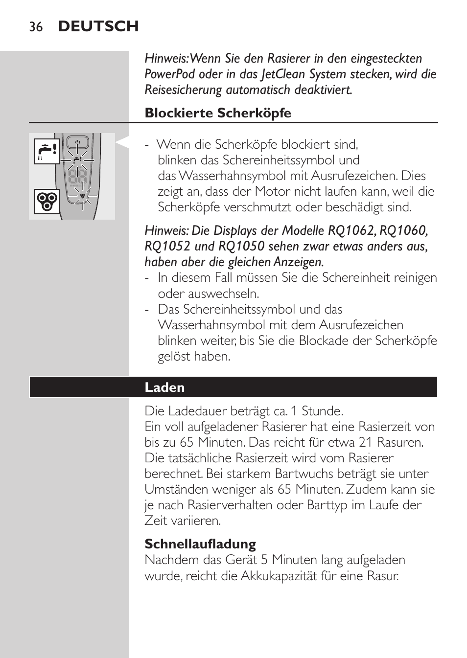 Blockierte scherköpfe, Schnellaufladung, Laden | Philips Elektrorasierer User Manual | Page 34 / 192