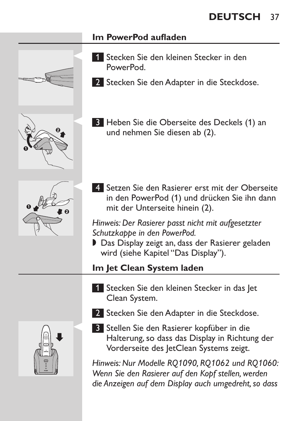 Im powerpod aufladen, Im jet clean system laden | Philips Elektrorasierer User Manual | Page 35 / 192