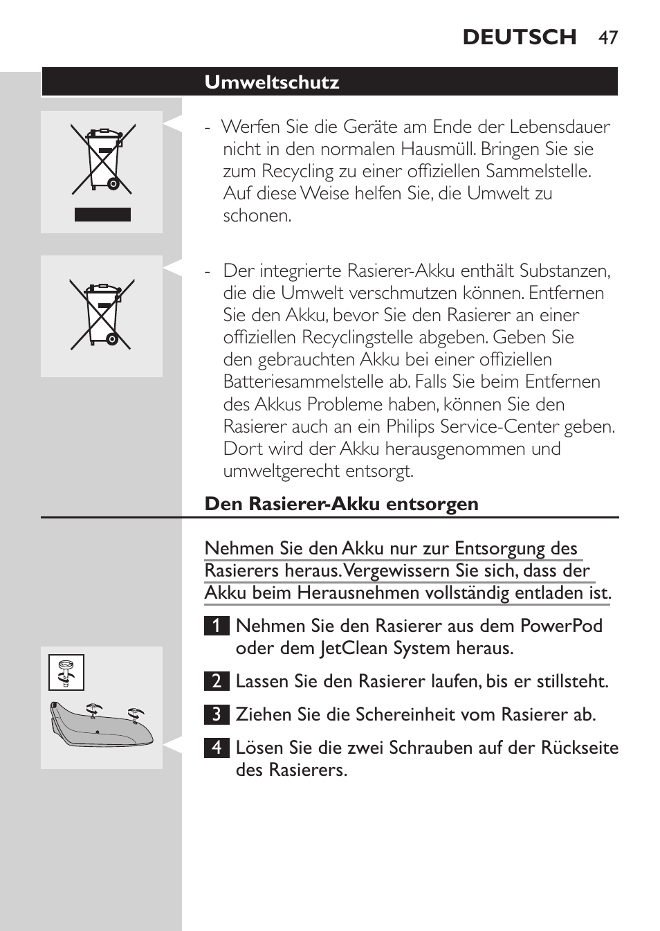 Aufbewahrung | Philips Elektrorasierer User Manual | Page 45 / 192