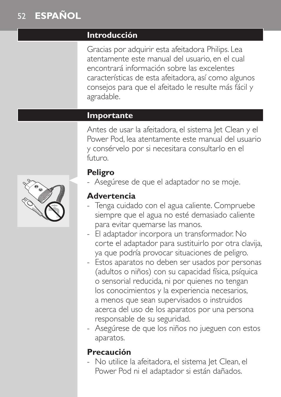 Peligro, Advertencia, Precaución | Español, Introducción, Importante | Philips Elektrorasierer User Manual | Page 50 / 192