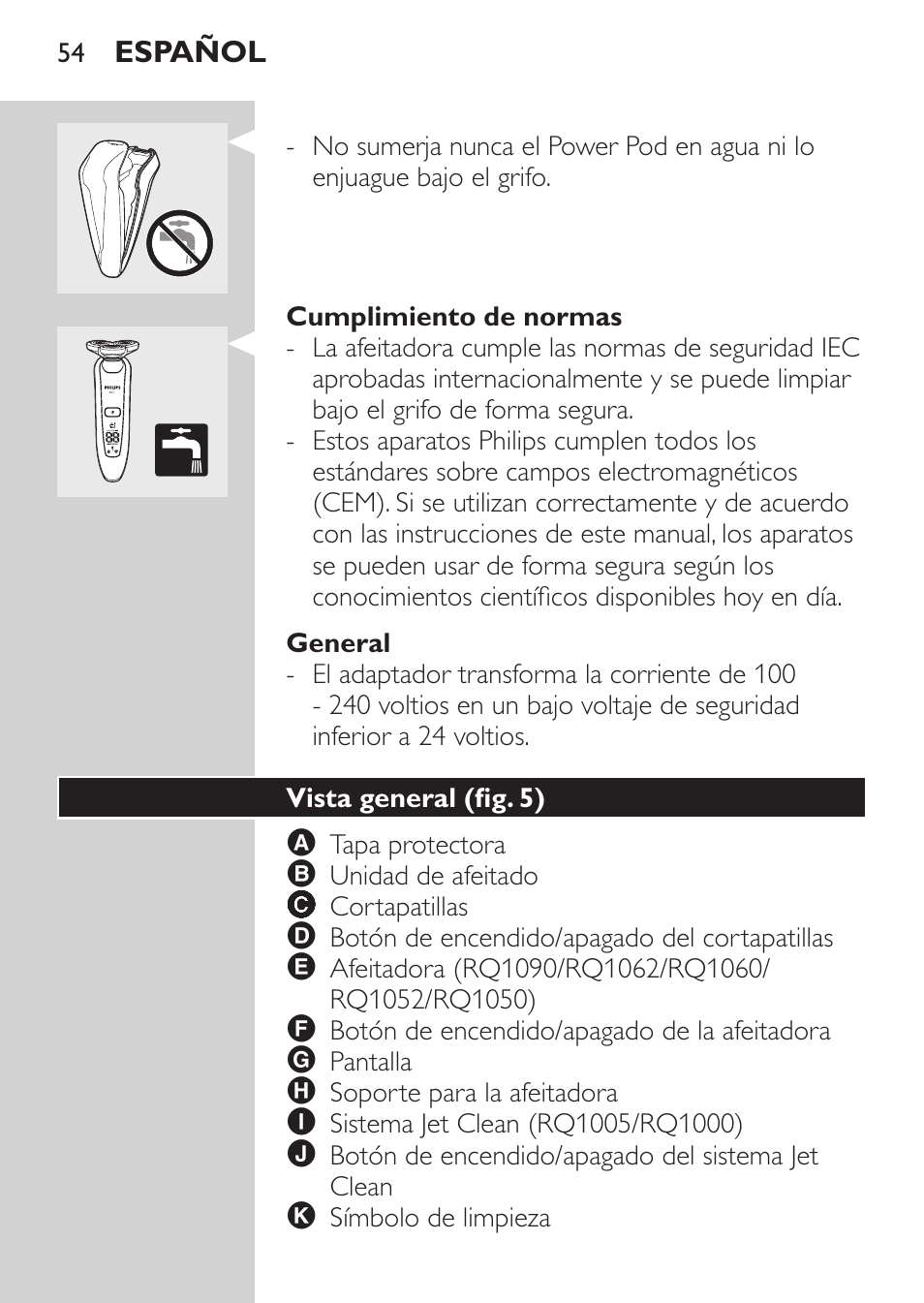 Cumplimiento de normas, General, Vista general (fig. 5) | Philips Elektrorasierer User Manual | Page 52 / 192
