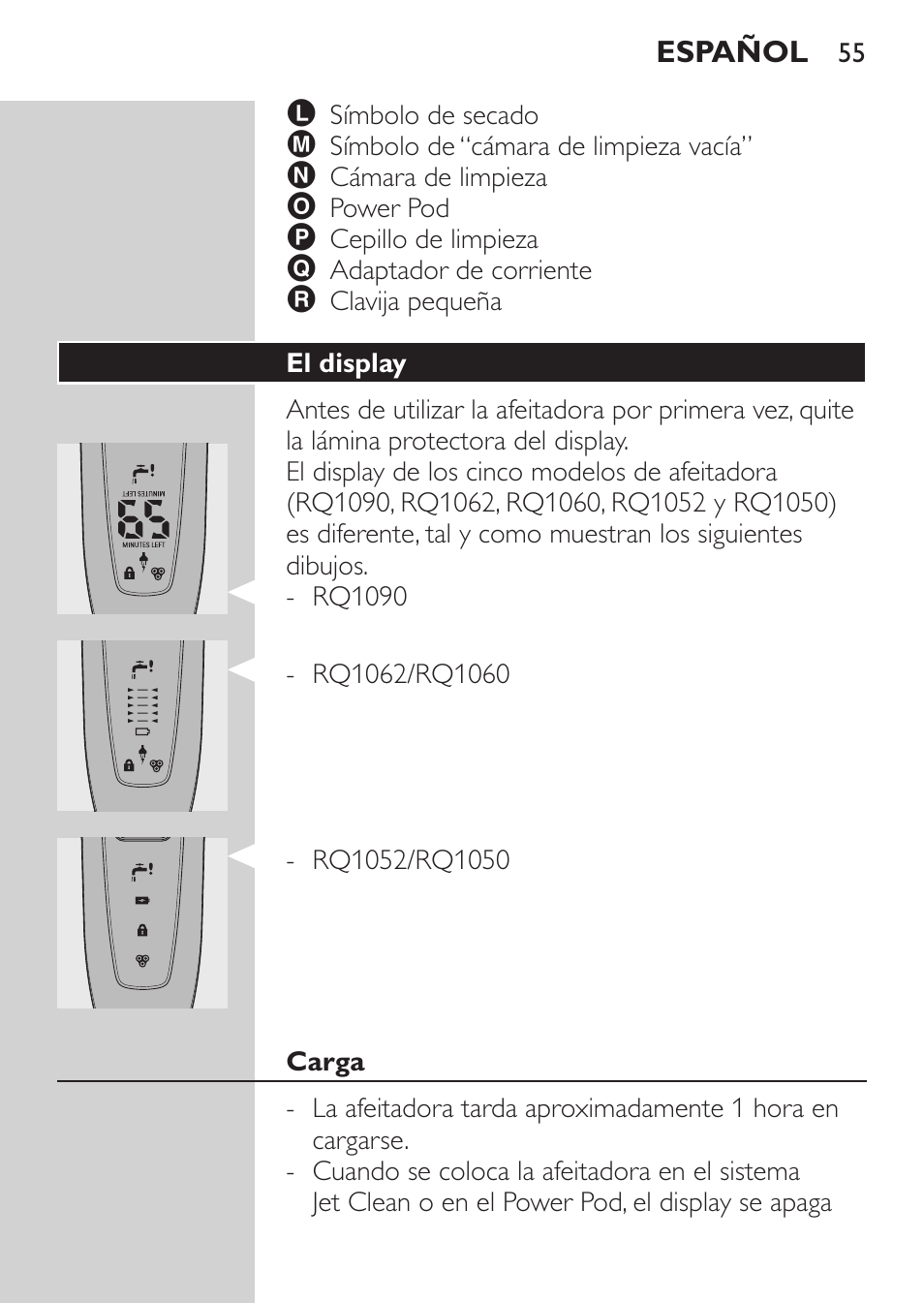 El display, Carga | Philips Elektrorasierer User Manual | Page 53 / 192