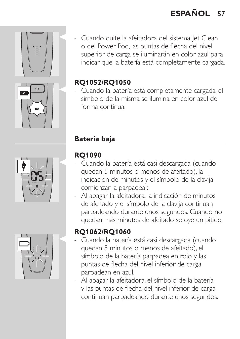 Rq1052/rq1050, Batería baja, Rq1090 | Rq1062/rq1060 | Philips Elektrorasierer User Manual | Page 55 / 192