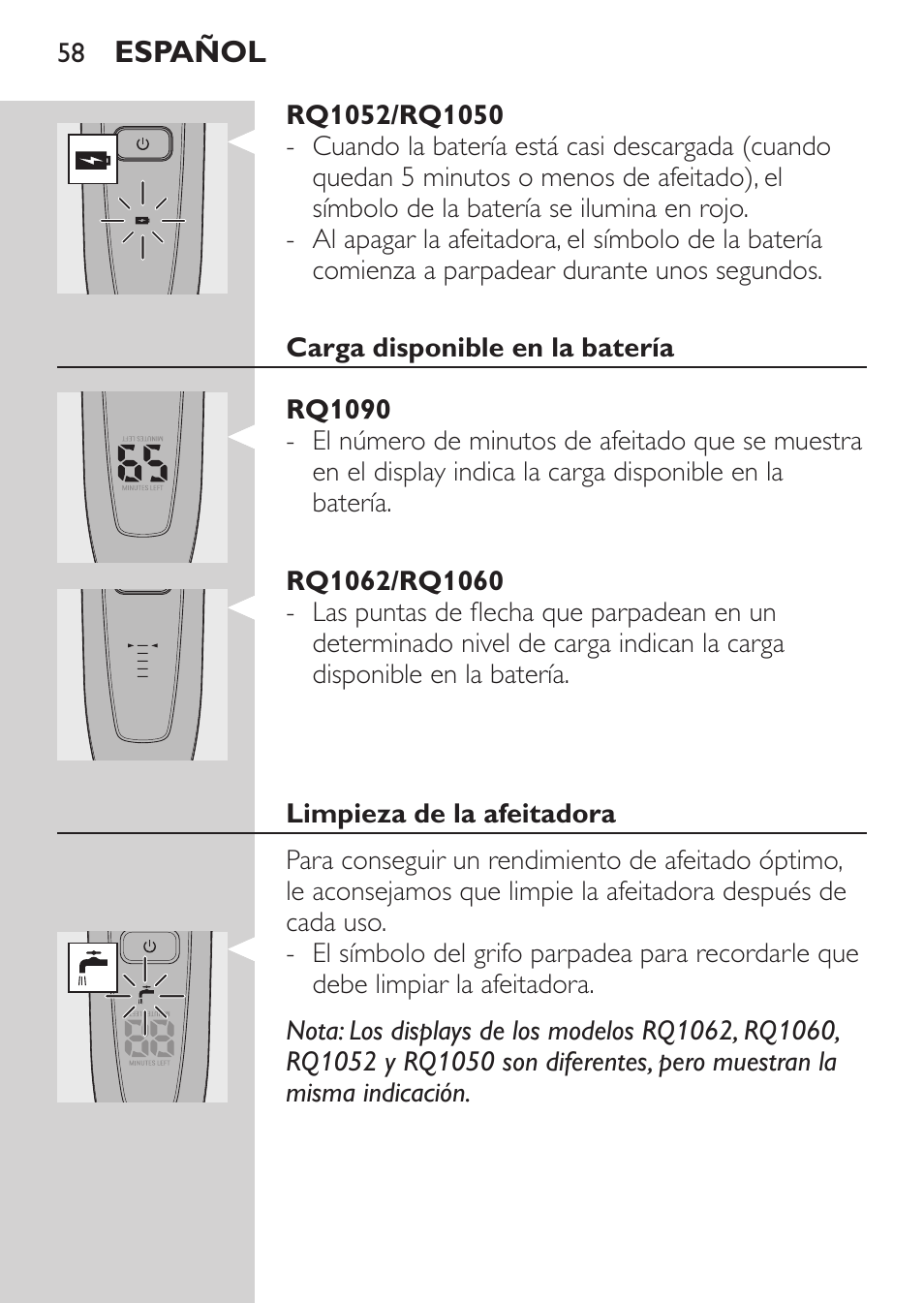 Rq1052/rq1050, Carga disponible en la batería, Rq1090 | Rq1062/rq1060, Limpieza de la afeitadora | Philips Elektrorasierer User Manual | Page 56 / 192