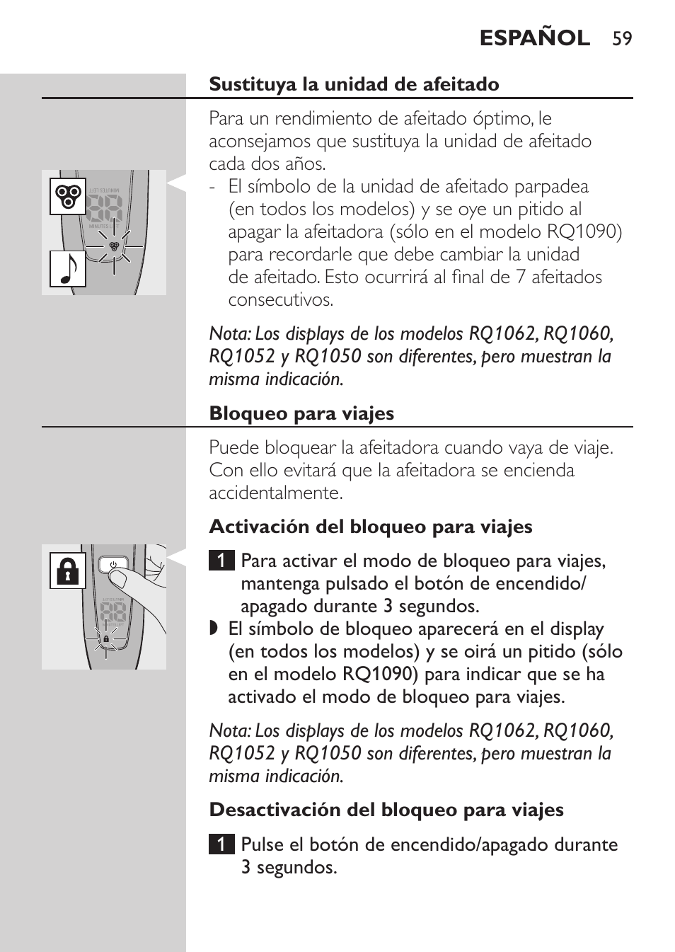 Sustituya la unidad de afeitado, Bloqueo para viajes, Activación del bloqueo para viajes | Desactivación del bloqueo para viajes | Philips Elektrorasierer User Manual | Page 57 / 192