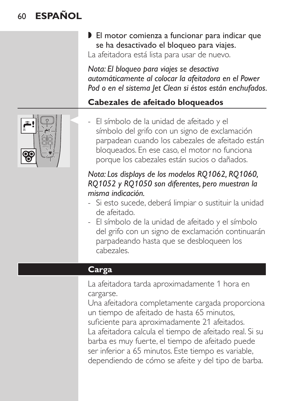 Cabezales de afeitado bloqueados, Carga | Philips Elektrorasierer User Manual | Page 58 / 192