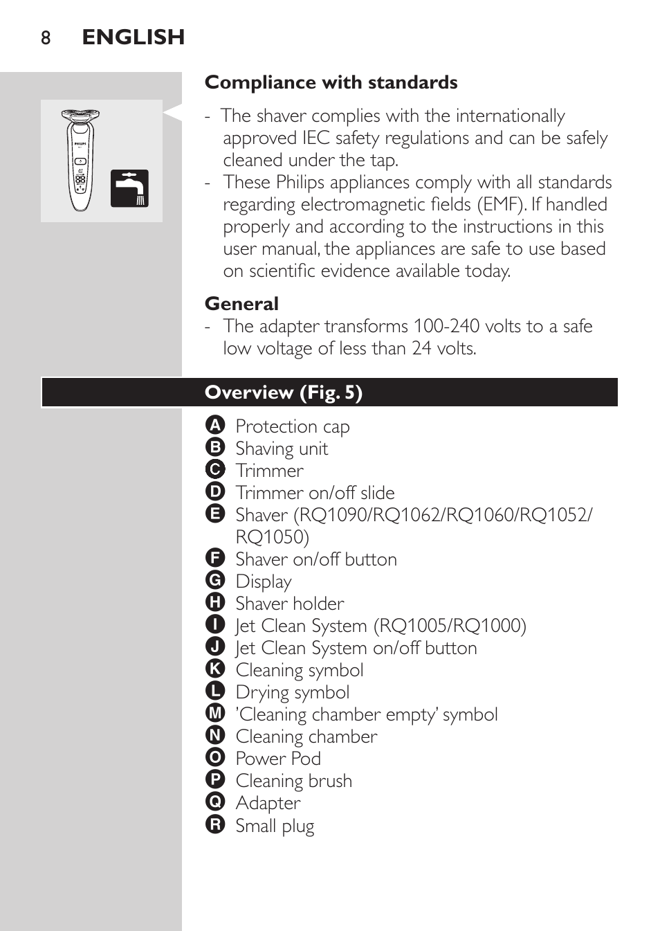 General, Overview (fig. 5) | Philips Elektrorasierer User Manual | Page 6 / 192