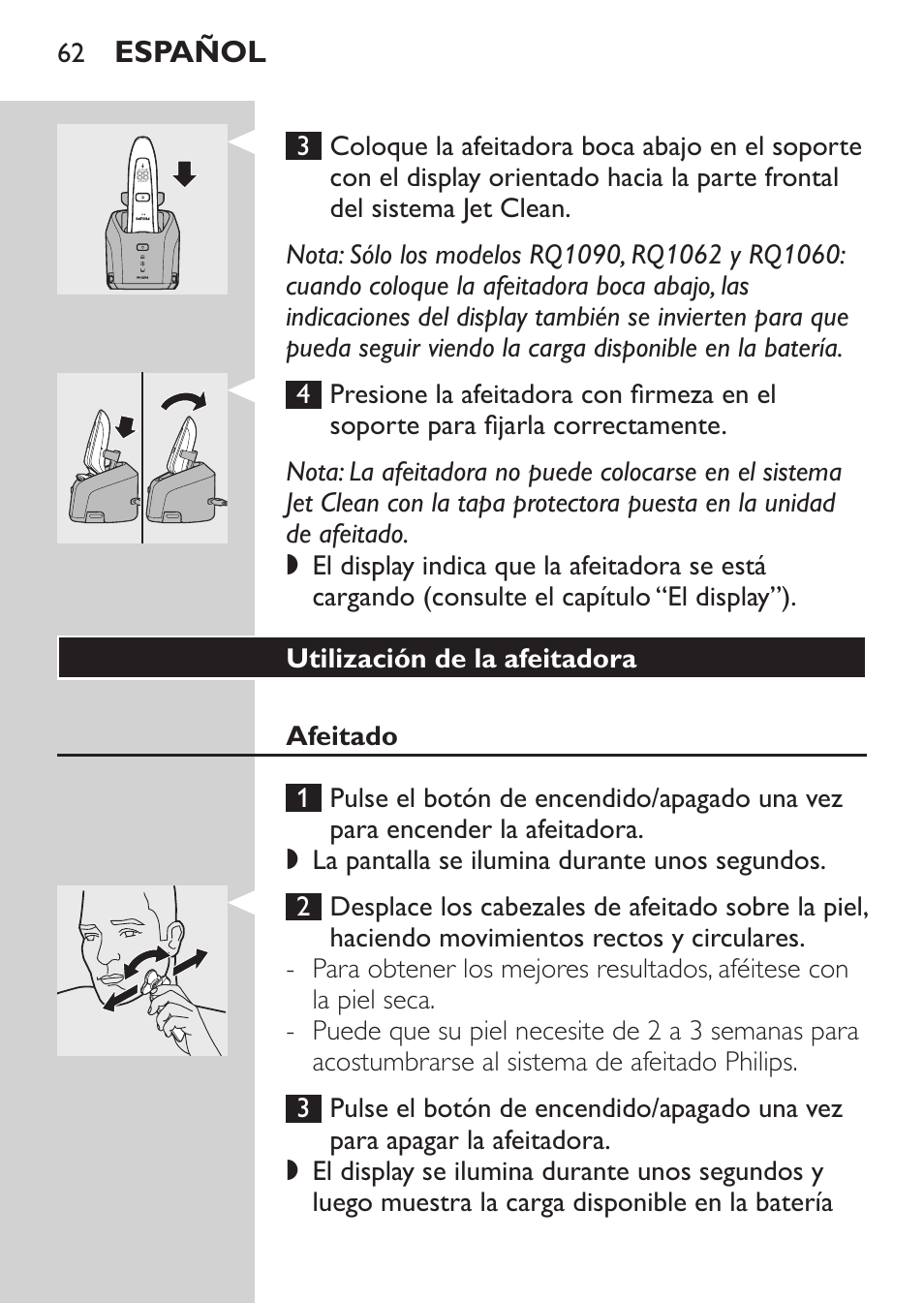 Utilización de la afeitadora, Afeitado | Philips Elektrorasierer User Manual | Page 60 / 192