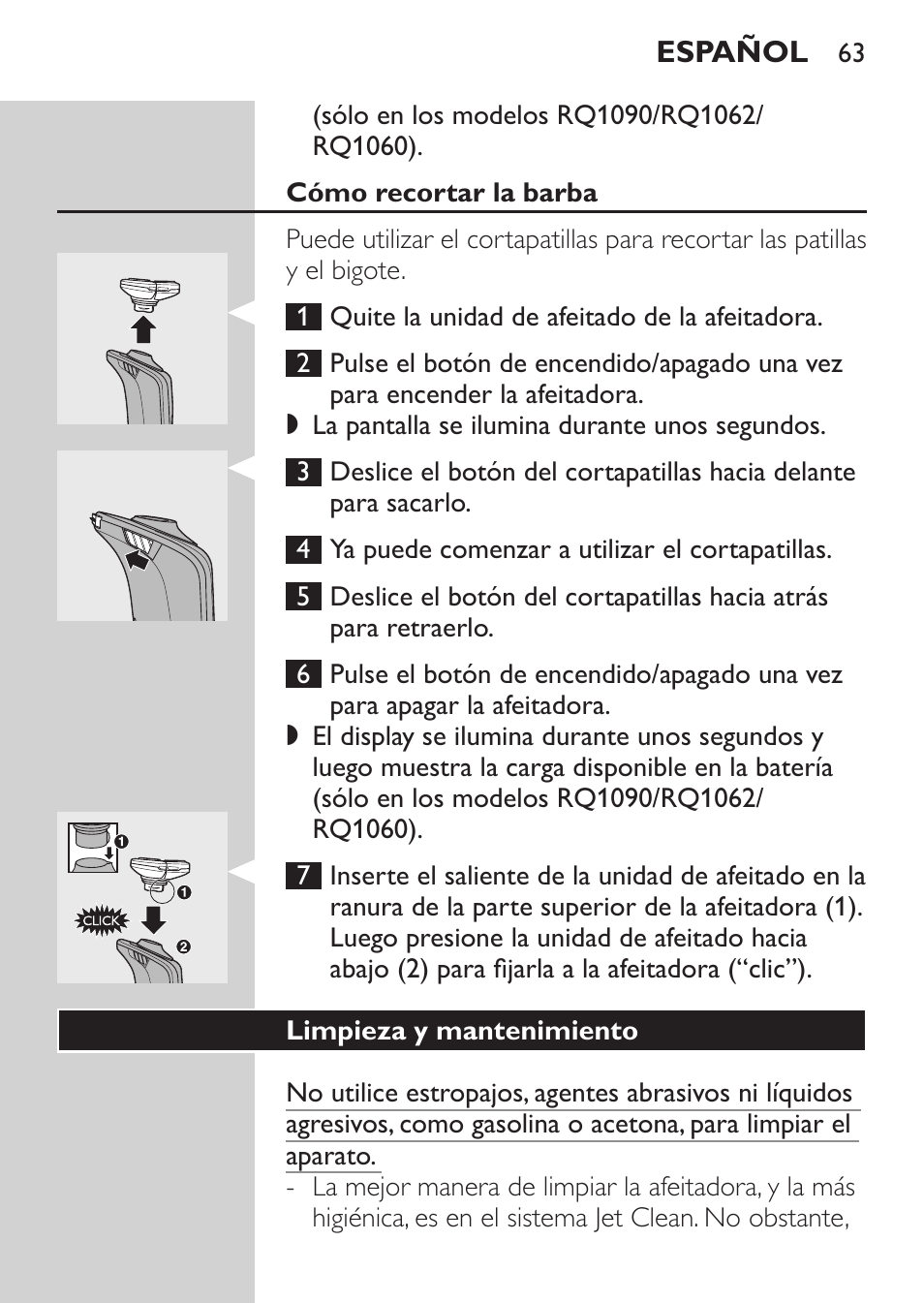 Cómo recortar la barba, Limpieza y mantenimiento | Philips Elektrorasierer User Manual | Page 61 / 192