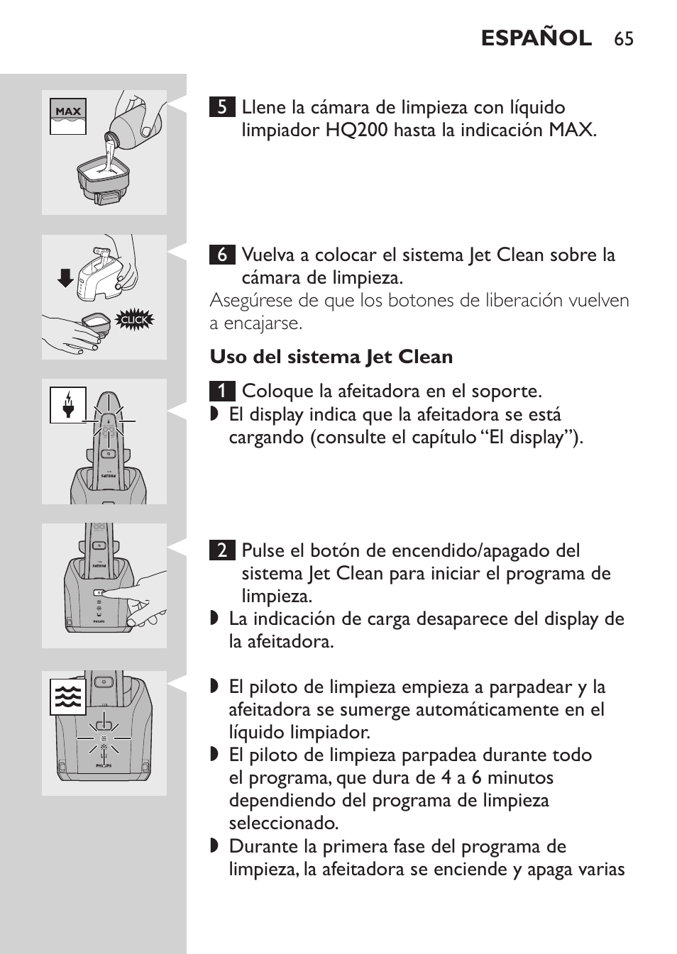 Uso del sistema jet clean | Philips Elektrorasierer User Manual | Page 63 / 192