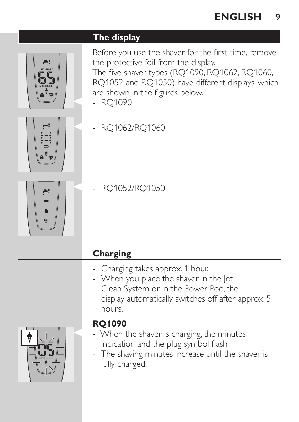 The display, Charging, Rq1090 | Philips Elektrorasierer User Manual | Page 7 / 192