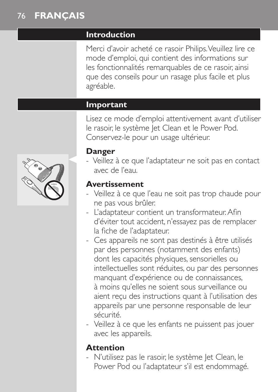 Danger, Avertissement, Attention | Français, Introduction, Important | Philips Elektrorasierer User Manual | Page 74 / 192