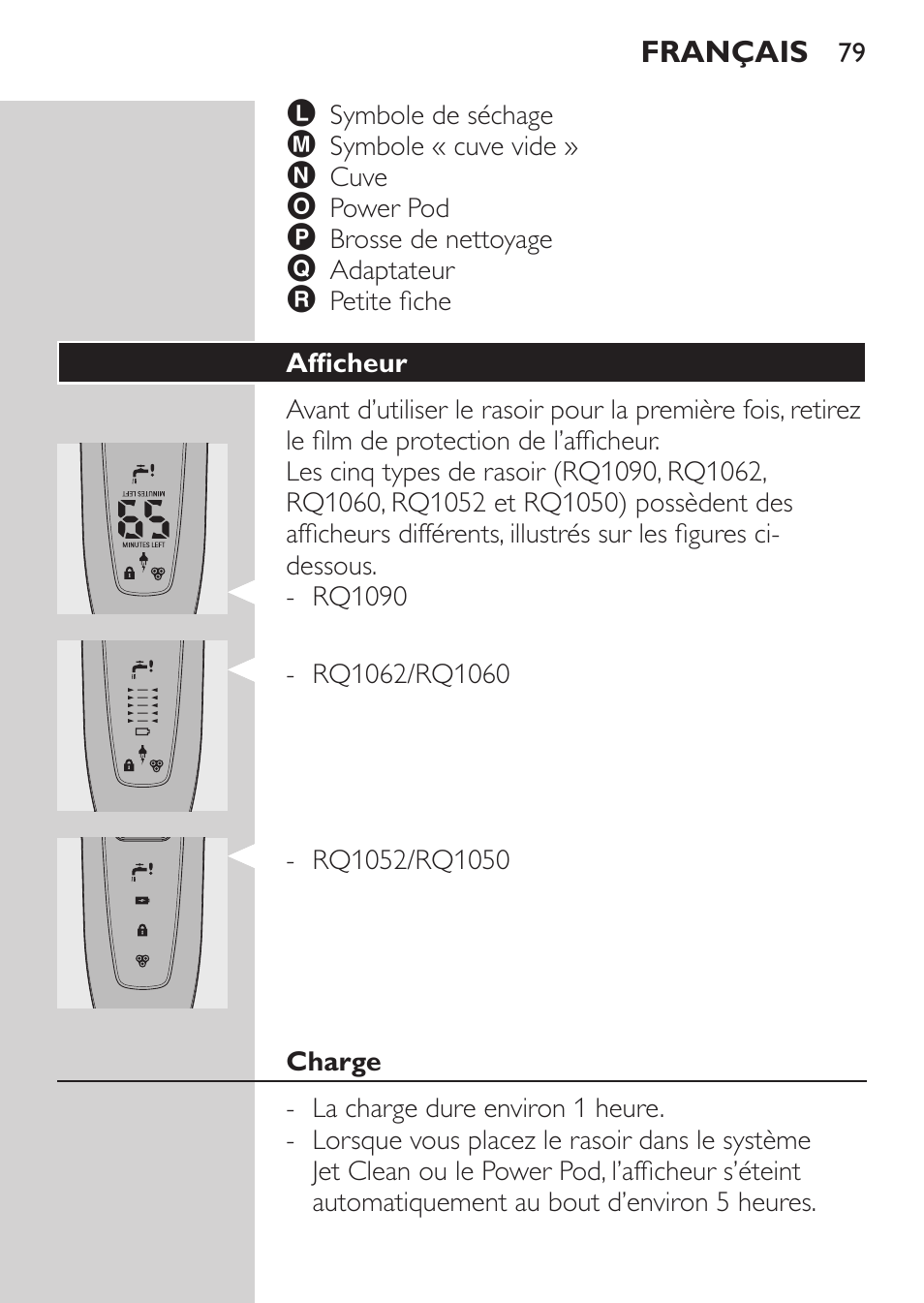Afficheur, Charge | Philips Elektrorasierer User Manual | Page 77 / 192