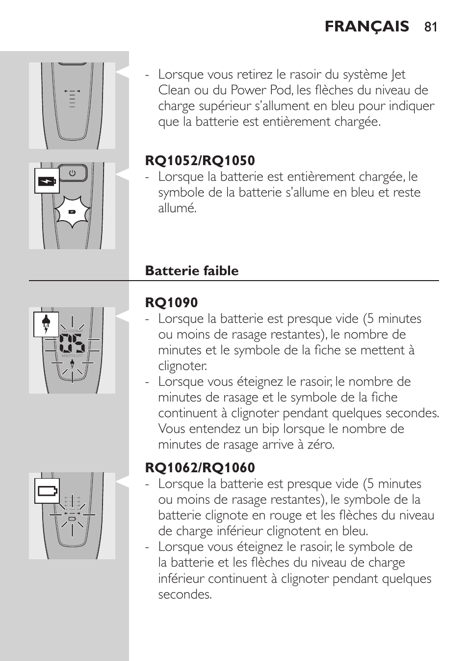 Rq1052/rq1050, Batterie faible, Rq1090 | Rq1062/rq1060 | Philips Elektrorasierer User Manual | Page 79 / 192