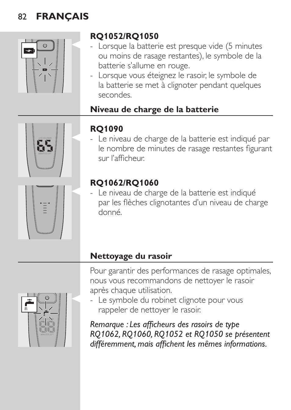 Rq1052/rq1050, Niveau de charge de la batterie, Rq1090 | Rq1062/rq1060, Nettoyage du rasoir | Philips Elektrorasierer User Manual | Page 80 / 192