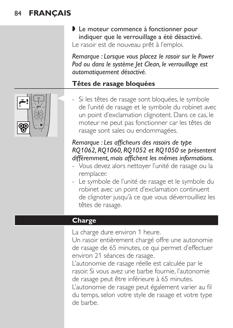 Têtes de rasage bloquées, Charge | Philips Elektrorasierer User Manual | Page 82 / 192