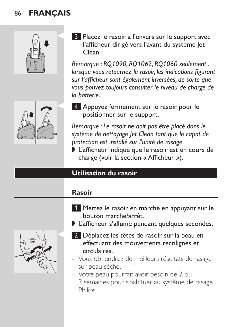 Utilisation du rasoir, Rasoir | Philips Elektrorasierer User Manual | Page 84 / 192