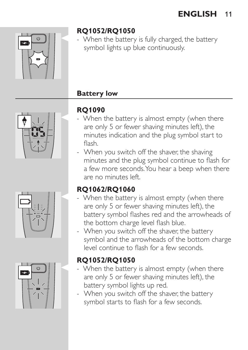 Rq1052/rq1050, Battery low, Rq1090 | Rq1062/rq1060 | Philips Elektrorasierer User Manual | Page 9 / 192