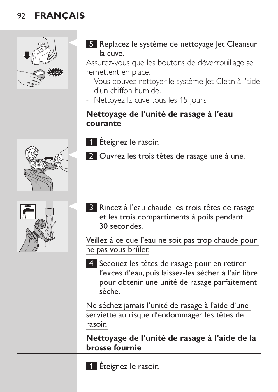 Nettoyage de l’unité de rasage à l’eau courante | Philips Elektrorasierer User Manual | Page 90 / 192