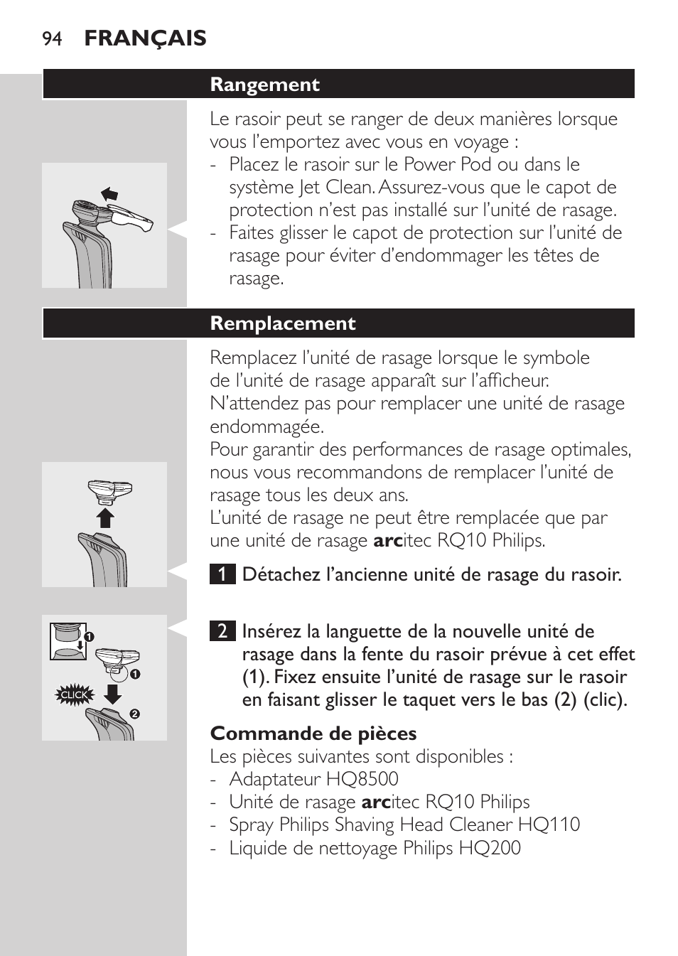 Commande de pièces, Rangement, Remplacement | Philips Elektrorasierer User Manual | Page 92 / 192