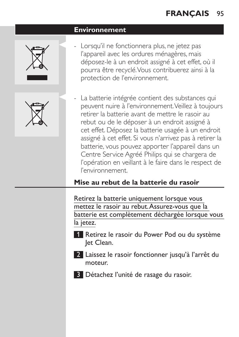 Environnement, Mise au rebut de la batterie du rasoir | Philips Elektrorasierer User Manual | Page 93 / 192