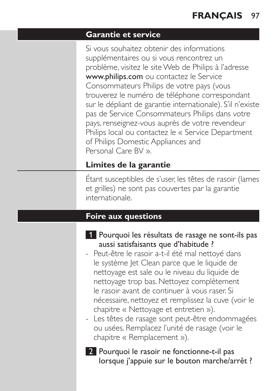 Garantie et service, Limites de la garantie, Foire aux questions | Philips Elektrorasierer User Manual | Page 95 / 192