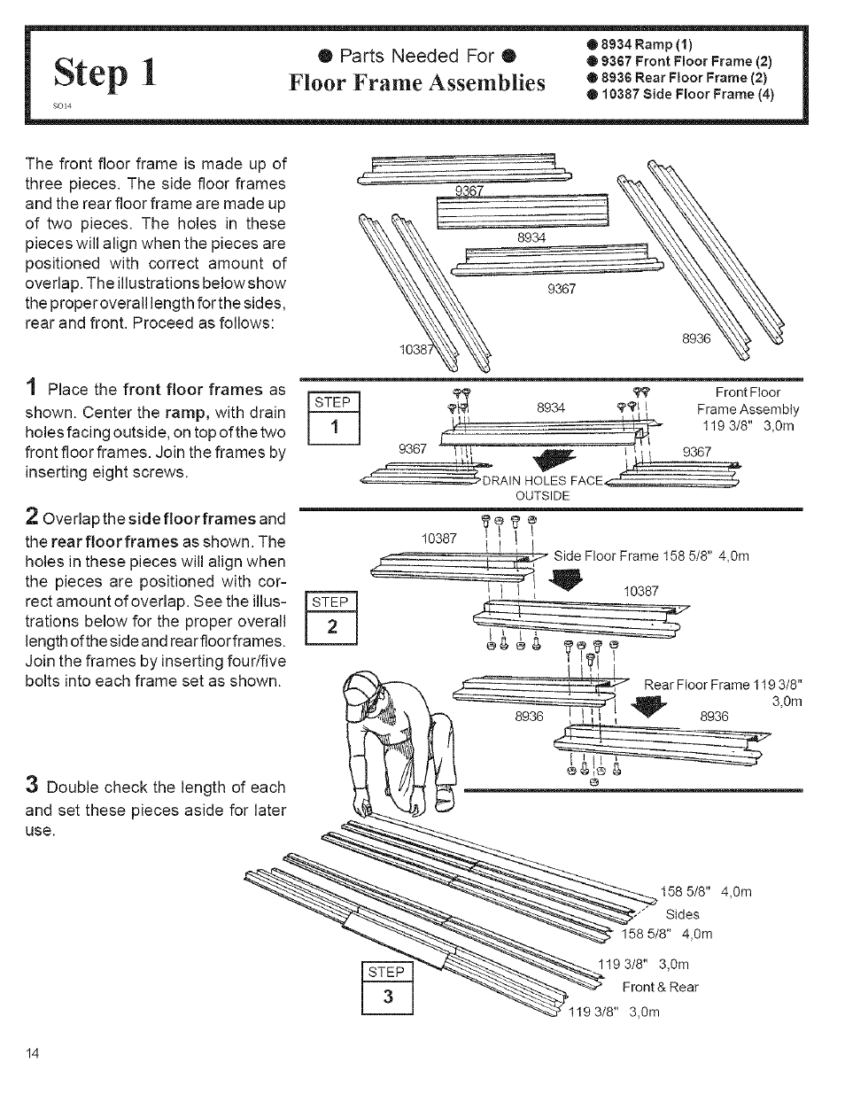 Parts needed for • floor frame assemblies, Step 1, Floor frame assemblies | Arrow Storage Products CM1014 User Manual | Page 14 / 34
