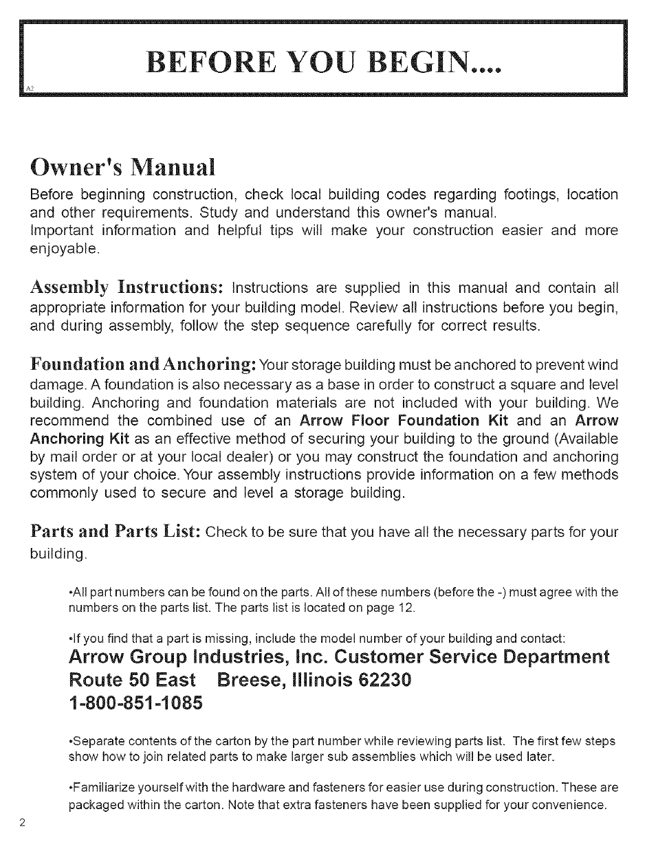 Owner's manual, Assembly instructions, Foundation and anchoring | Parts and parts list | Arrow Storage Products CM1014 User Manual | Page 2 / 34