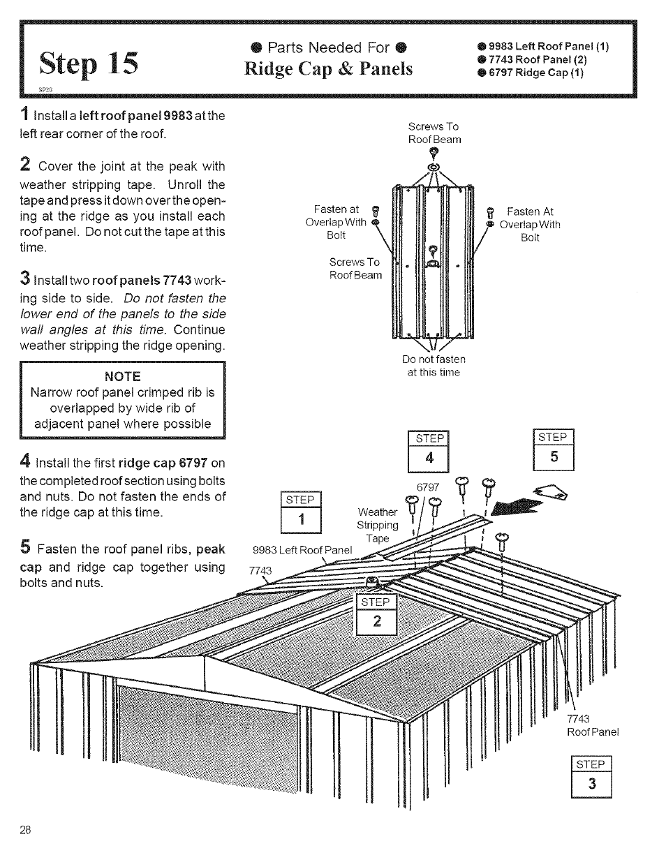 Step 15, Ridge cap & panels | Arrow Storage Products CM1014 User Manual | Page 28 / 34