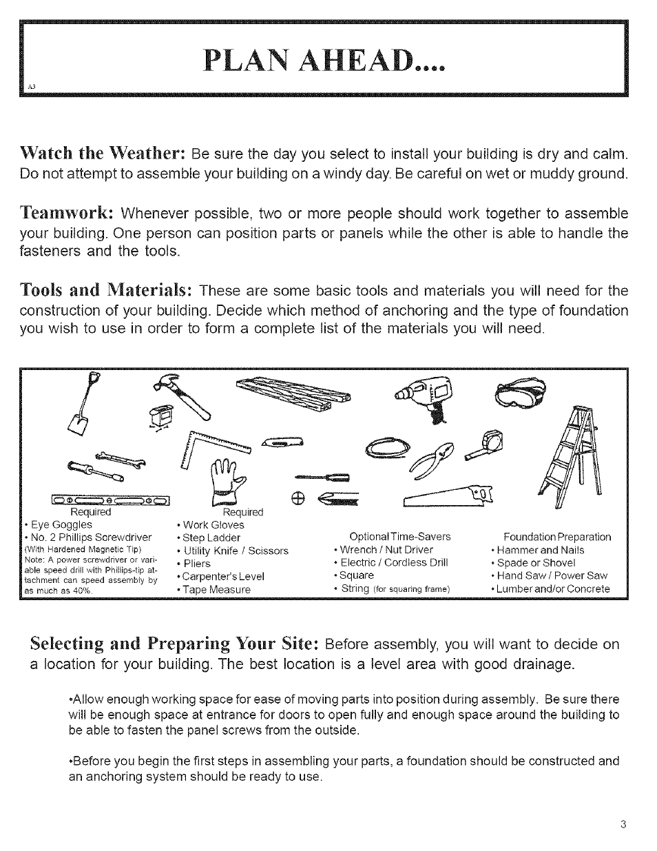 Watch the weather, Teamwork, Tools and materials | Selecting and preparing your site | Arrow Storage Products CM1014 User Manual | Page 3 / 34