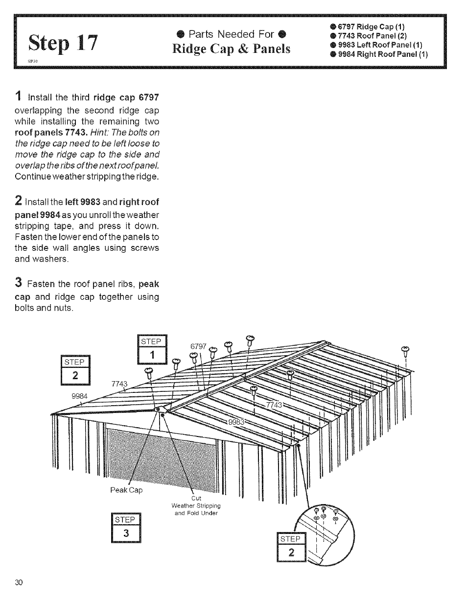 Step 17, Parts needed for • ridge cap & panels, Ridge cap & panels | Arrow Storage Products CM1014 User Manual | Page 30 / 34