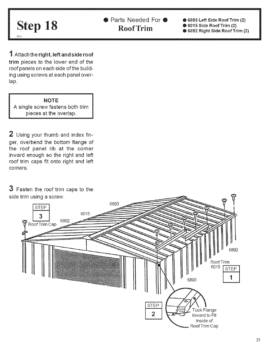 Step 18, Parts needed for roof trim, Roof trim | Arrow Storage Products CM1014 User Manual | Page 31 / 34