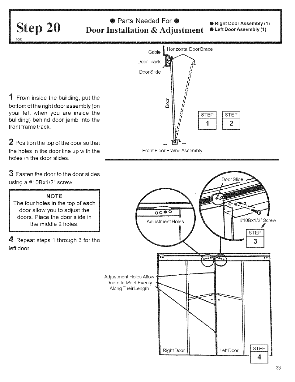 Step 20, Door installation & adjustment | Arrow Storage Products CM1014 User Manual | Page 33 / 34