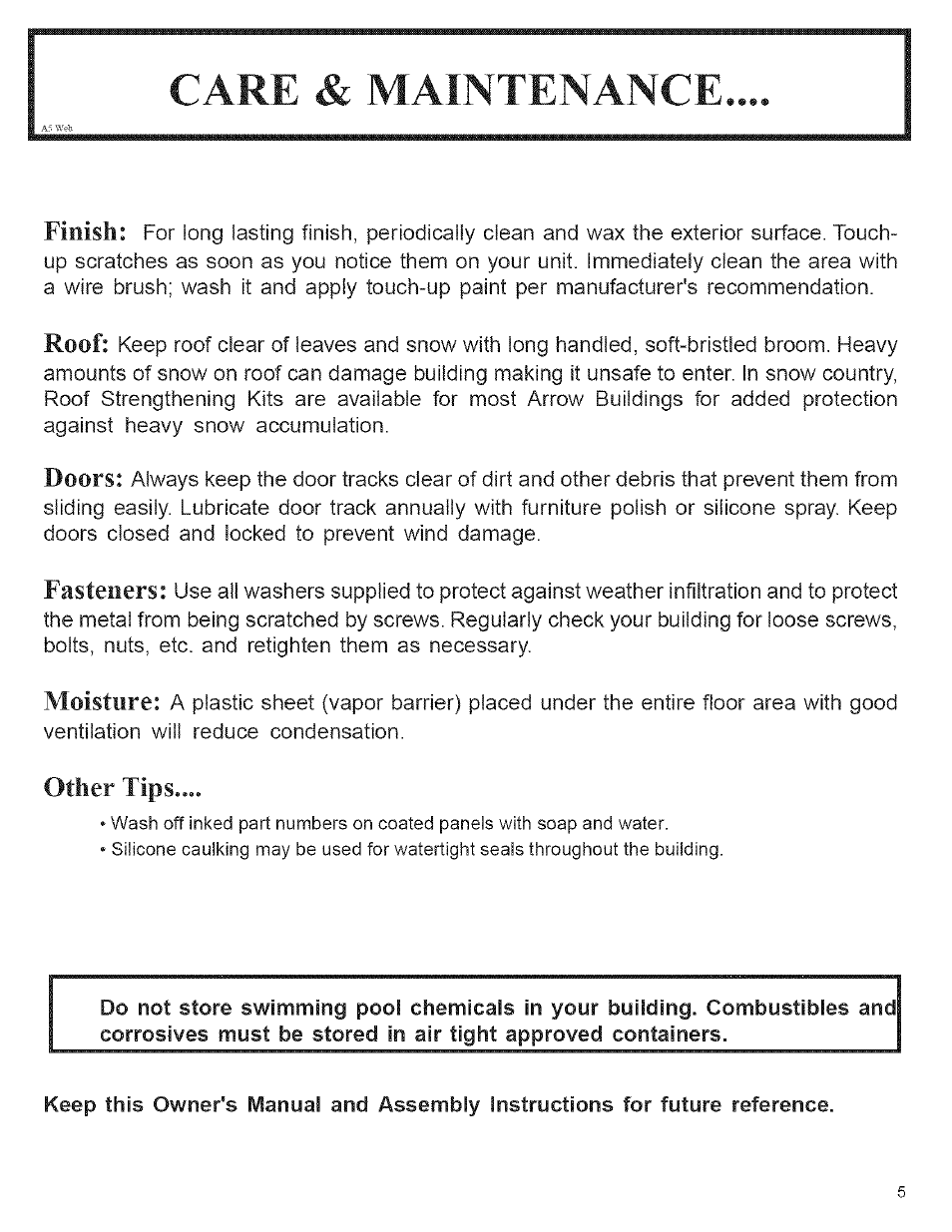 Other tips, Care & maintenance, Finish | Roof, Doors, Fasteners, Moisture | Arrow Storage Products CM1014 User Manual | Page 5 / 34