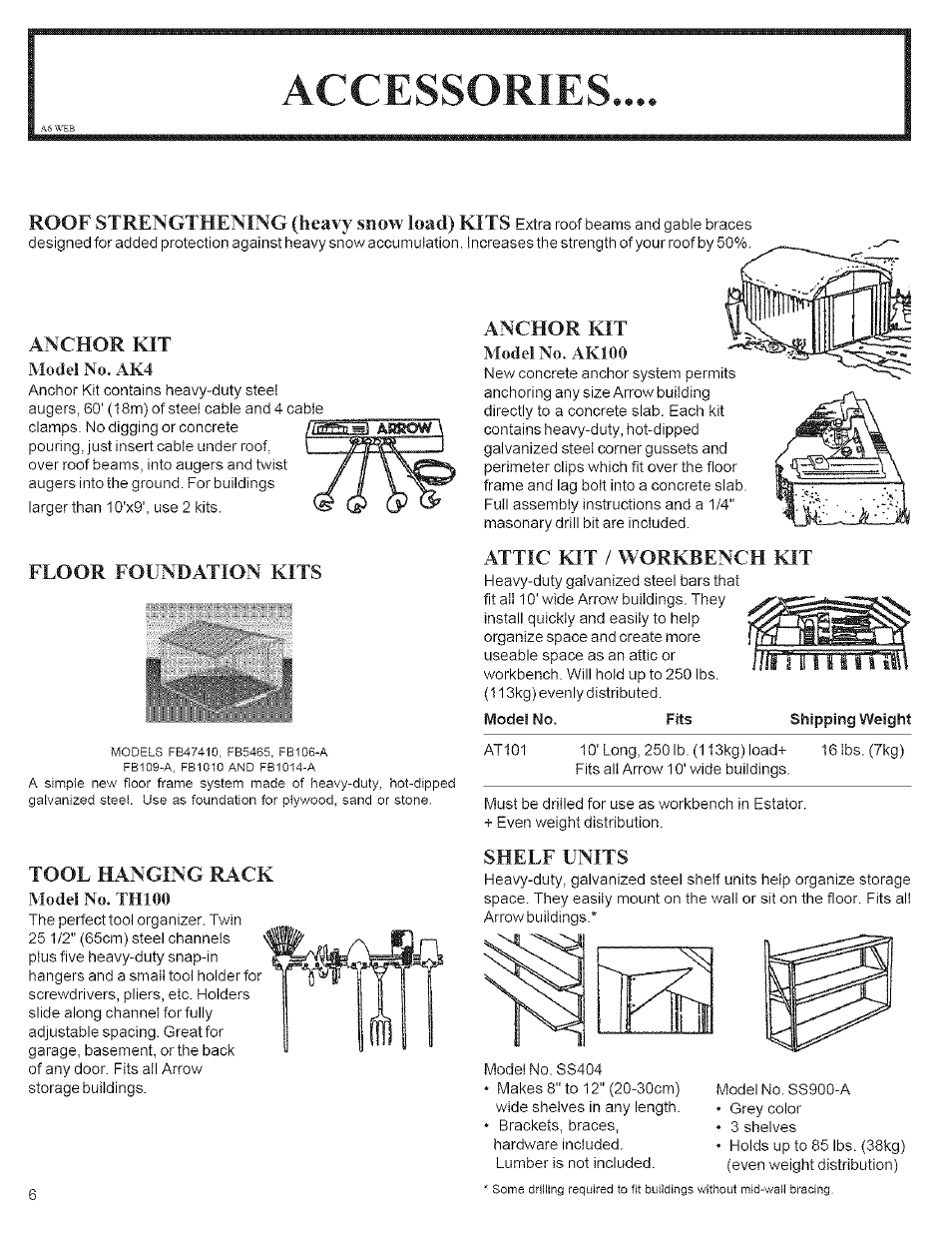 Model no. fits, Shipping weight, Accessories | Roof strengthening (heavy snow load) kits, Anchor kit, Foundation kits, Hanging rack, Attic kit / workbench kit, Shelf units, Model no. ak4 | Arrow Storage Products CM1014 User Manual | Page 6 / 34