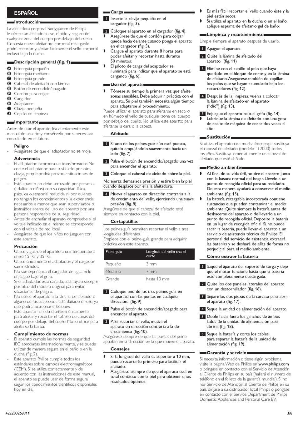 Español | Philips Ersatzscherfolie User Manual | Page 3 / 8