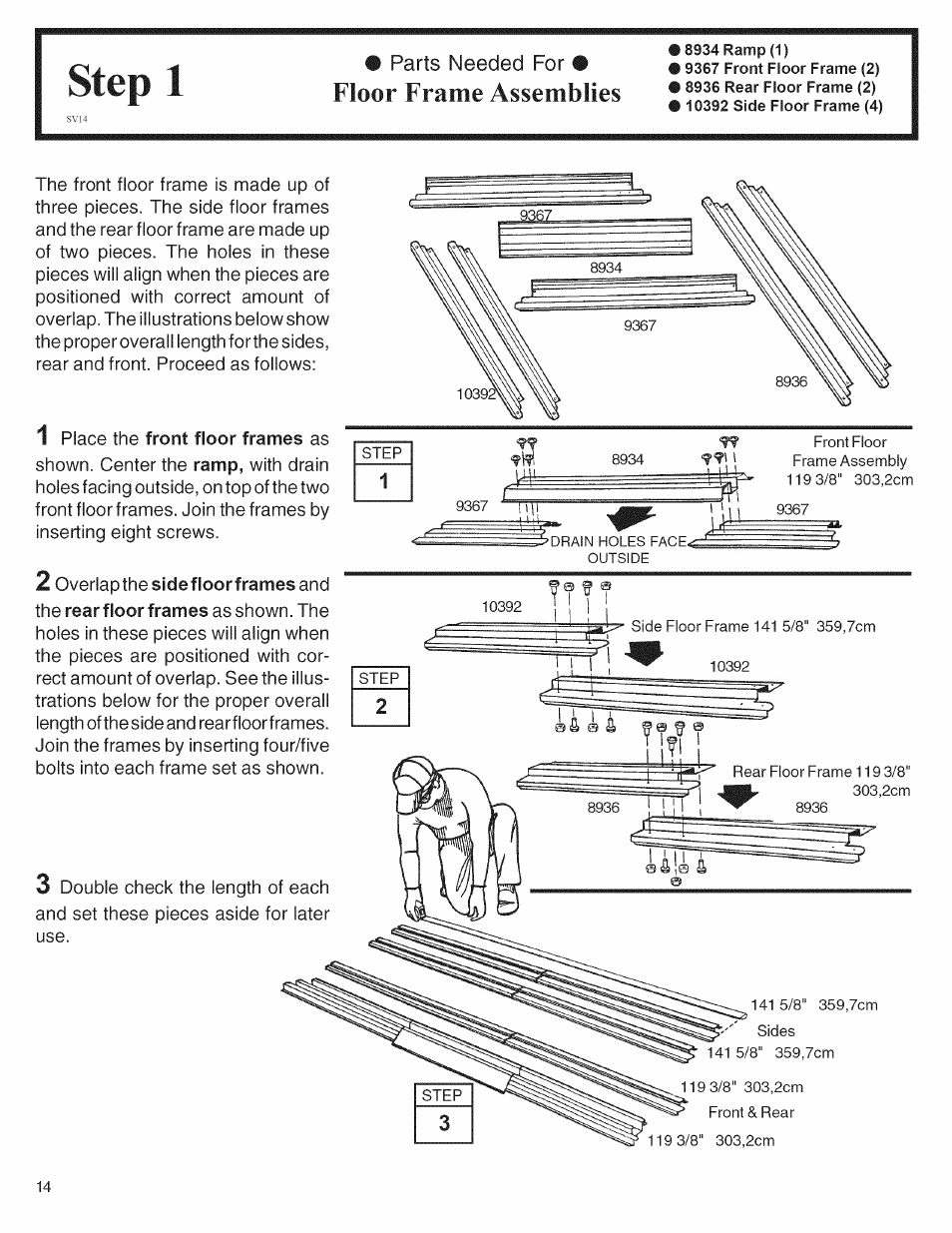 Parts needed for • floor frame assemblies, Step 1, Floor frame assemblies | Arrow Storage Products 697.68222 User Manual | Page 14 / 34
