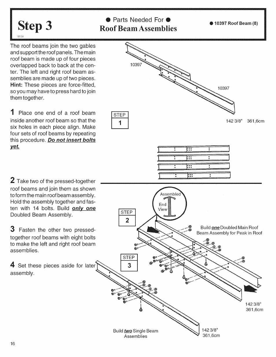 Step 3, Roof beam assemblies | Arrow Storage Products 697.68222 User Manual | Page 16 / 34