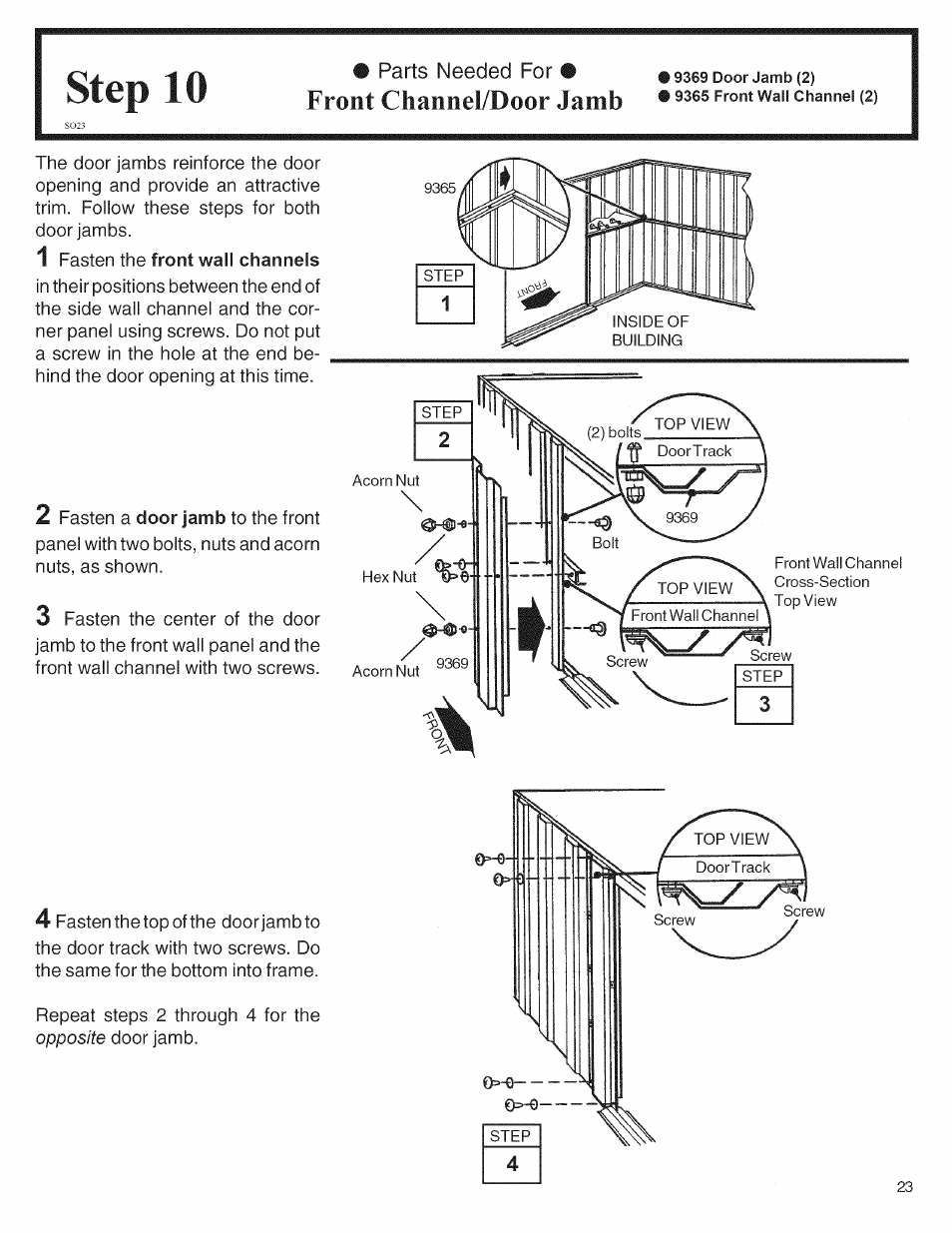 Parts needed for • front channel/door jamb, Step 10, Front channel/door jamb | Arrow Storage Products 697.68222 User Manual | Page 23 / 34