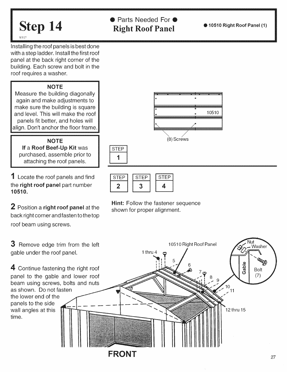 Step 14, Right roof panel, Front | Arrow Storage Products 697.68222 User Manual | Page 27 / 34